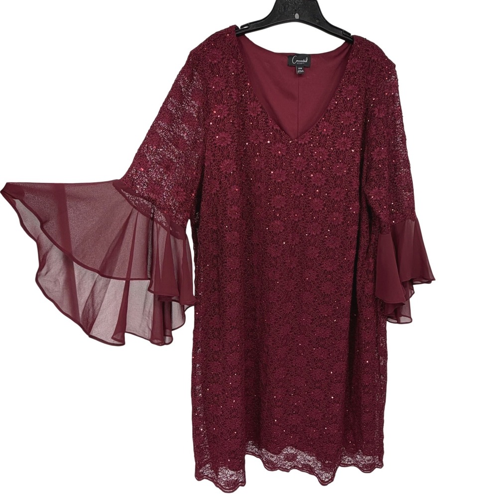 Connected Apparel 22W Burgundy Sequin Lace Bell Sleeve Cocktail Dress